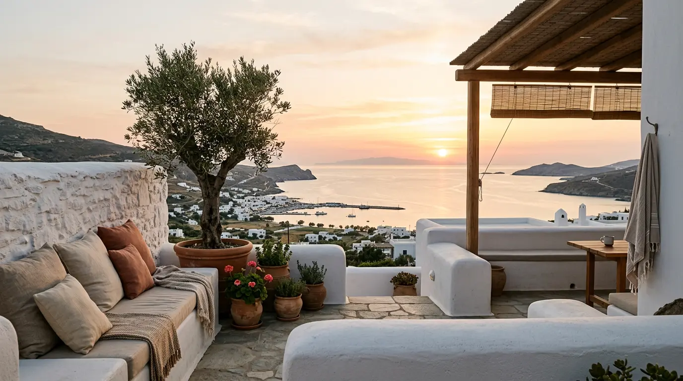 Sunset over Parikia bay from a whitewashed terrace in Kakapetra, Paros