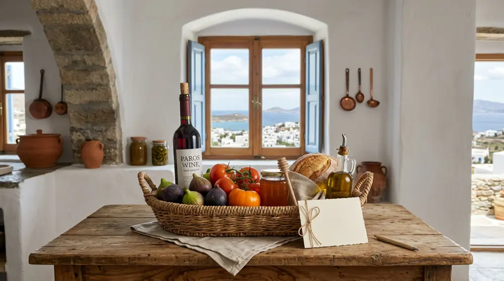 A welcome basket of local Paros wine, figs, honey and bread